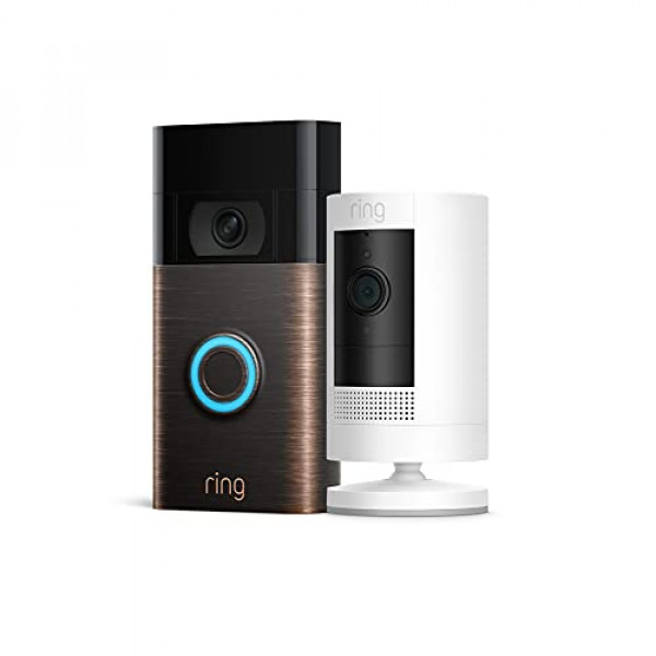 Ring Video Doorbell, paquete de bronce veneciano con batería Ring Stick Up Cam, blanco