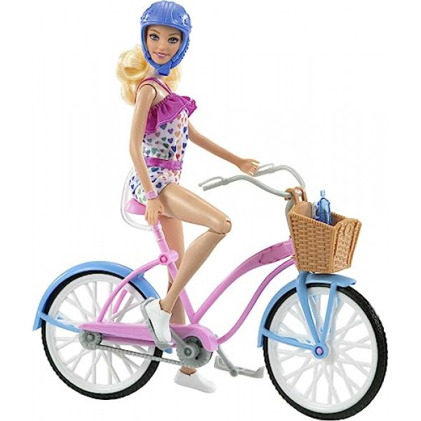 Barbie - Juego de muñeca y bicicleta con accesorios, mameluco rubio con arcoíris, bicicleta rosa y azul, casco, cesta y botella de agua