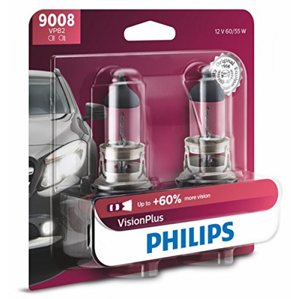 Philips Automotive Lighting 9008 / H13 VisionPlus - Bombilla para faros delanteros con hasta un 60 % más de visión, paquete de 2 (9008VPB2)
