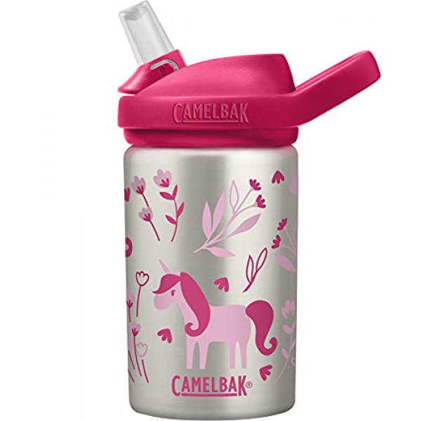 CamelBak eddy+ Botella de agua para niños con pajita, acero inoxidable de pared simple, a prueba de fugas cuando está cerrada, 14 oz, unicornio y flores