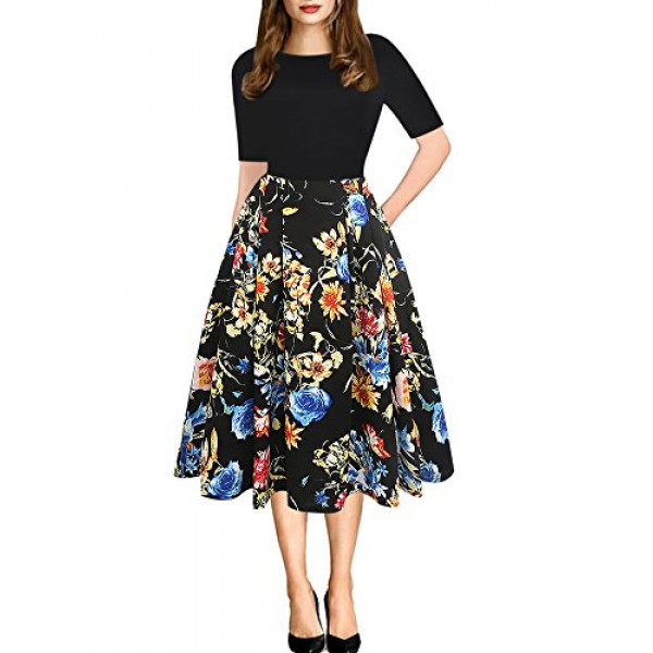 oxiuly OX165 - Vestido de fiesta informal con bolsillos de patchwork vintage para mujer (floral negro, l)