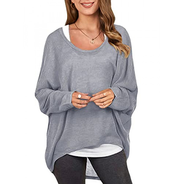 ZANZEA Blusa holgada de gran tamaño con manga de murciélago y hombros descubiertos para mujer, suéter, blusa informal, camiseta gris US 8/Talla de etiqueta M