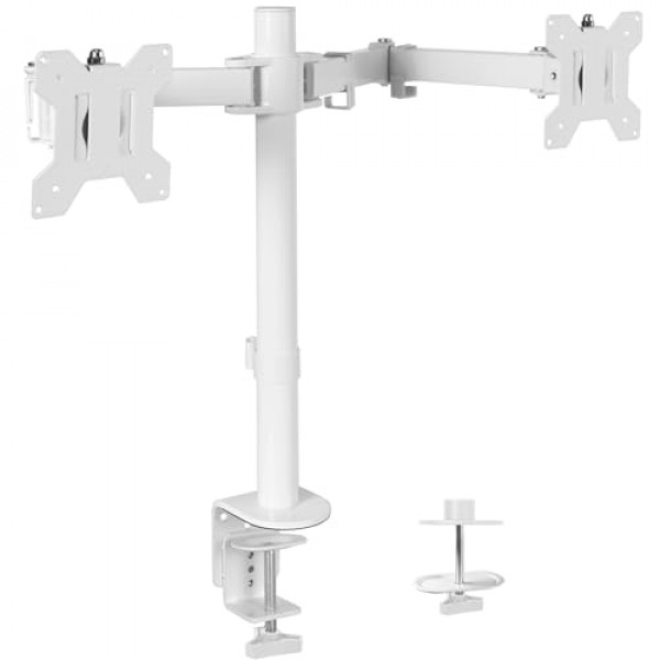 VIVO Soporte de escritorio para monitor dual, soporte de acero totalmente ajustable, resistente, con capacidad para 2 pantallas de computadora de hasta 30 pulgadas y un máximo de 22 libras cada una, blanco, STAND-V002W