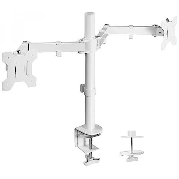 VIVO Soporte de escritorio para monitor dual, soporte de acero totalmente ajustable, resistente, con capacidad para 2 pantallas de computadora de hasta 32 pulgadas y un máximo de 22 libras cada una, blanco, STAND-V032W