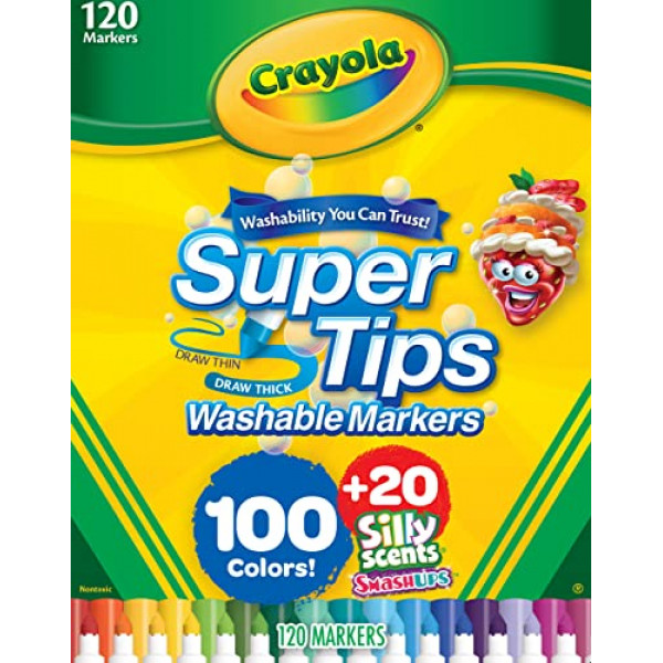 Juego de marcadores Crayola Super Tips (120 unidades), marcadores lavables para niños, juego de marcadores perfumados, regalo navideño para niños, marcadores a granel, gruesos y finos [Exclusivo de Amazon]