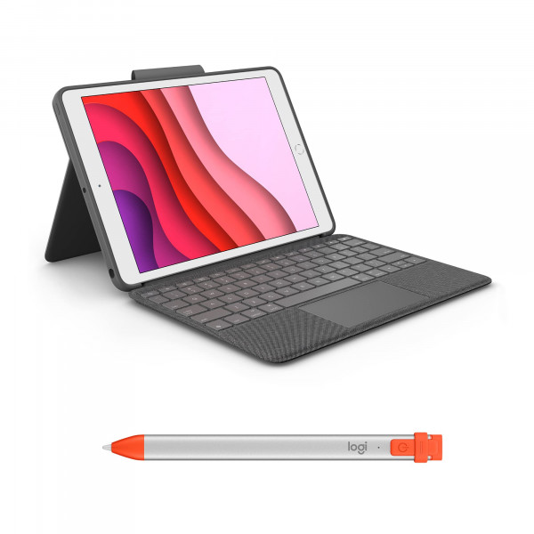 Estuche con teclado Logitech Combo Touch para iPad (7.a generación - 2019 | 8.a generación - 2020 | 9.a generación - 2021) + Lápiz digital Logitech Crayon Orange para todos los iPads (versiones de 2018 y posteriores)