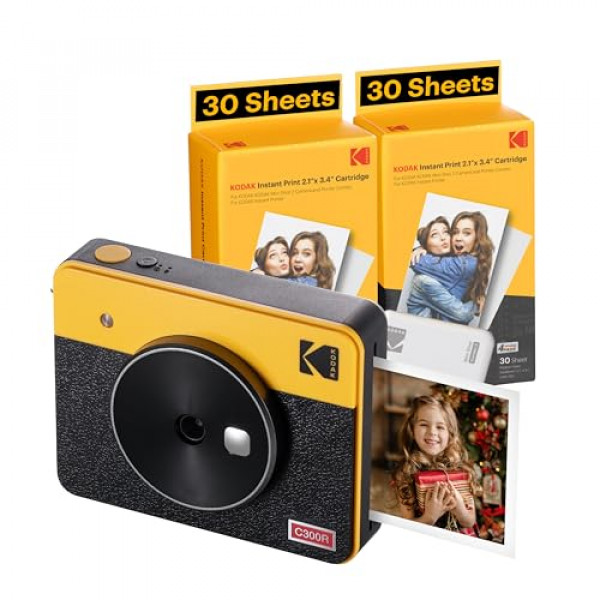 KODAK Mini Shot 3 Retro 4PASS 2 en 1 cámara digital instantánea e impresora fotográfica (3 x 3 pulgadas) + paquete de cartuchos de 68 hojas, amarillo