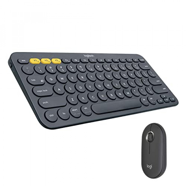 Combinación de teclado y mouse inalámbricos Logitech K380 + M350: diseño delgado y portátil, clics silenciosos, batería de larga duración, Bluetooth, fácil cambio, compatible con Windows, Mac, iPadOS, Chrome OS, gris oscuro