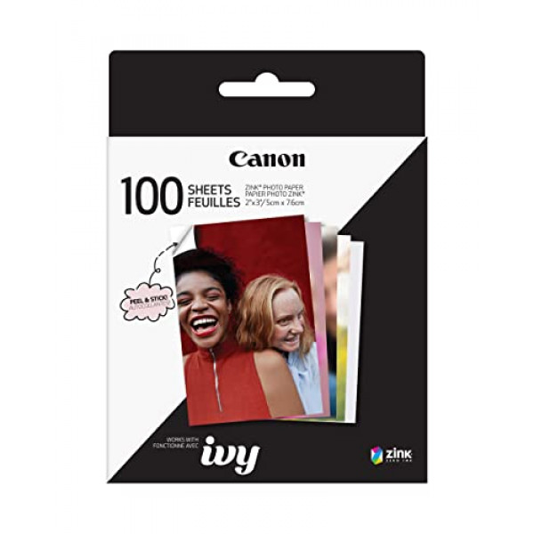 Paquete de papel fotográfico adhesivo ZINK™ de Canon (100 hojas), compatible con miniimpresoras, impresoras con cámara instantánea IVY CLIQ +2 y impresoras con cámara instantánea IVY CLIQ 2