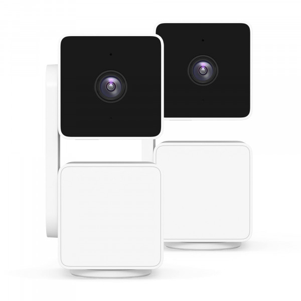WYZE Cam Pan v3 Cámara de seguridad inteligente para el hogar con Wi-Fi de 1080p con clasificación IP65 para interiores y exteriores con visión nocturna en color, audio bidireccional, compatible con Alexa y Google Assistant, blanco, paquete de 2