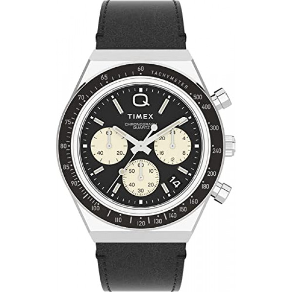 Reloj Timex Q para hombre de 40 mm, esfera negra, caja plateada, pulsera negra
