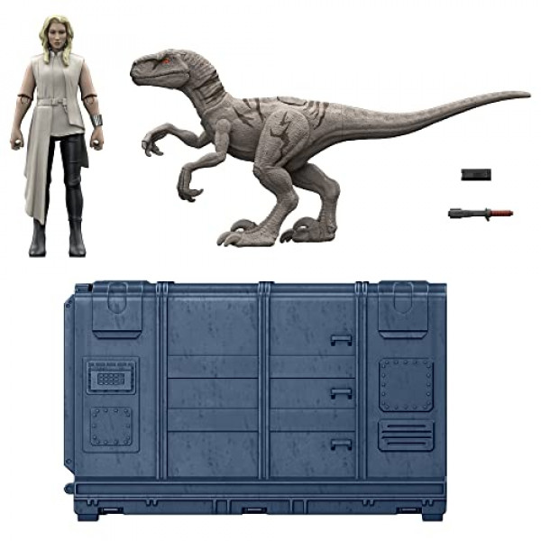 Jurassic World HFG63 Set de dinosaurios Cage and Fury (9,5 cm) con 1 figura exclusiva de Soyona, 1 figura de Atrociraptor y unidad especial, juguete para niños, a partir de 4 años