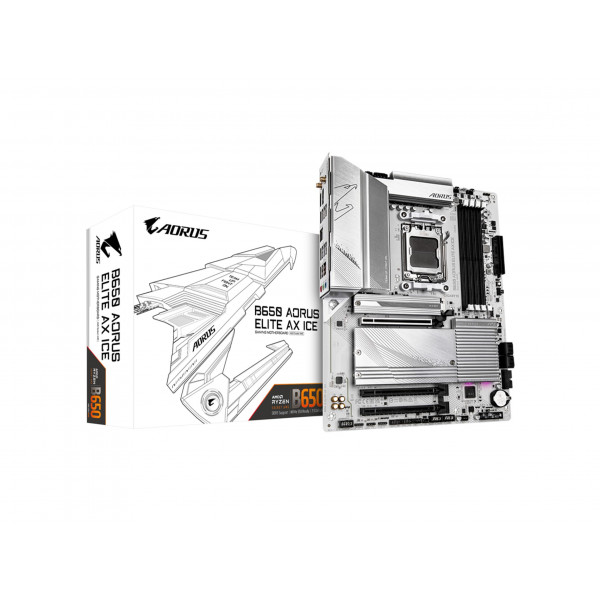 GIGABYTE B650 AORUS Elite AX ICE (AM5/ LGA 1718/ AMD/ B650/ ATX/ 5 años de garantía/ DDR5/ Triple M.2/ PCIe 5.0/ USB 3.2 Gen2X2 Type-C/WiFi 6E/ LAN 2.5GbE/Blancanieves/ EZ-Latch/Placa base)