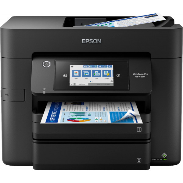 Epson Workforce Pro WF-4830 Impresora de inyección de tinta a color inalámbrica todo en uno, negra - Impresión, escaneo, copia, fax - 25 ppm, 4800 x 2400 ppp, impresión automática a doble cara, ADF de 50 hojas, 500 hojas, pantalla táctil de 4,3, Ethernet
