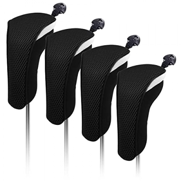 4 fundas para cabeza de palo de golf híbridas de neopreno grueso con etiquetas de números intercambiables (negro)