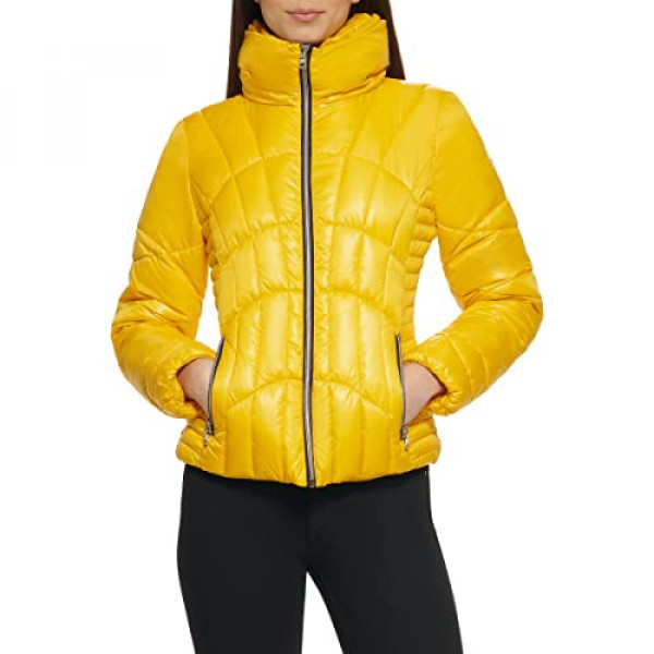 GUESS Otoño, Puffer, Chaquetas Acolchadas para Mujer, Amarillo NEÓN, Mediano