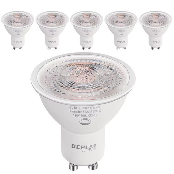 Paquete de 6 bombillas LED GU10 regulables, 3000 K, color blanco suave, repuesto de bombilla GU10 para iluminación de pista, 582 lm, 6 W (equivalente a 50 W) para cocina, campana extractora, sala de estar, dormitorio