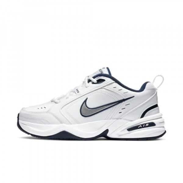 Nike Air Monarch IV Cross Trainer, Hombre, Blanco/Plata metálico/Azul Marino Medianoche, 8