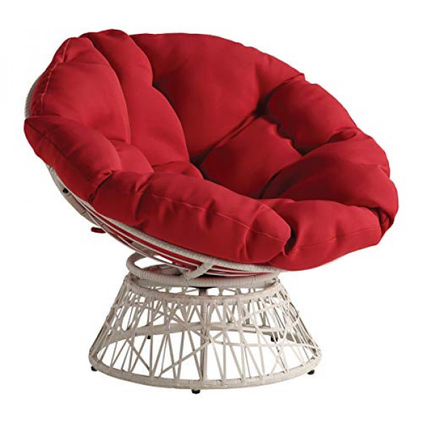 OSP Home Furnishings Silla Papasan de mimbre con giro de 360 ​​grados, estructura color crema con cojín rojo