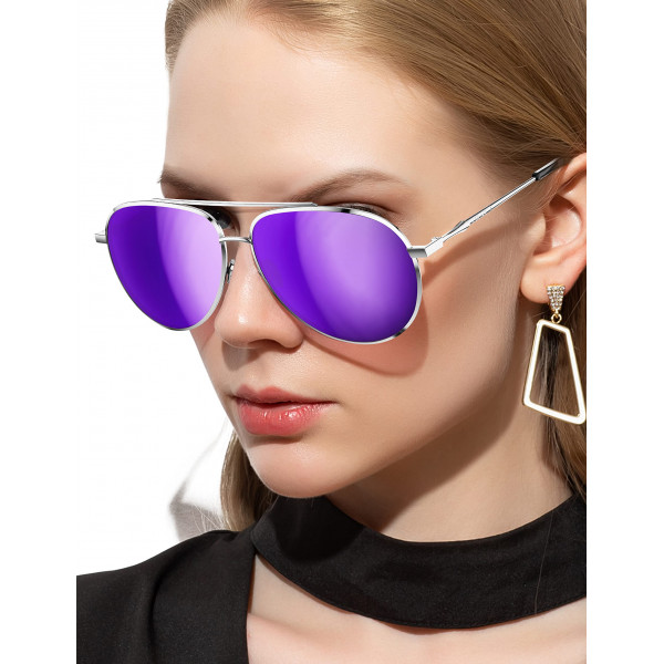 LUENX Gafas de sol de aviador para mujer y hombre, polarizadas, gafas de sol de conducción, espejo, lentes morados, marco de metal plateado, 2.362 in
