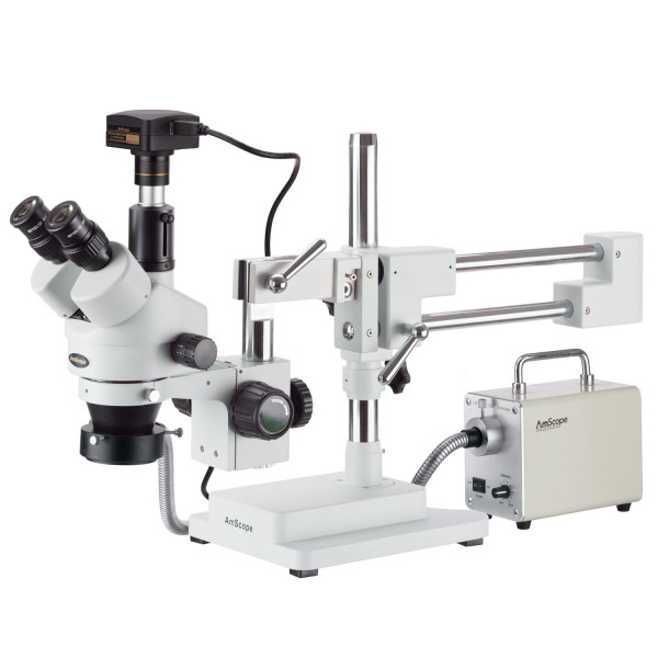 AmScope - Microscopio estéreo con brazo trinocular simultáneo 3,5X-180X con fibra óptica LED + cámara USB 3.0 de 18 MP - SM-4TPZZ-30WR-18M3