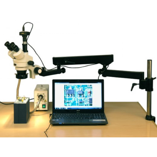 AmScope SM-8TZZ-FOR-10M Microscopio trinocular digital profesional con zoom estéreo, oculares WH10x y WH20x, aumento de 3,5X-180X, objetivo de zoom de 0,7X-4,5X, anillo de luz de fibra óptica, soporte de brazo articulado, 110V-240V, Incluye lentes Barlow 