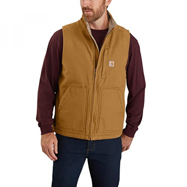 Carhartt Chaleco con cuello simulado y forro Sherpa para hombre, marrón, pequeño