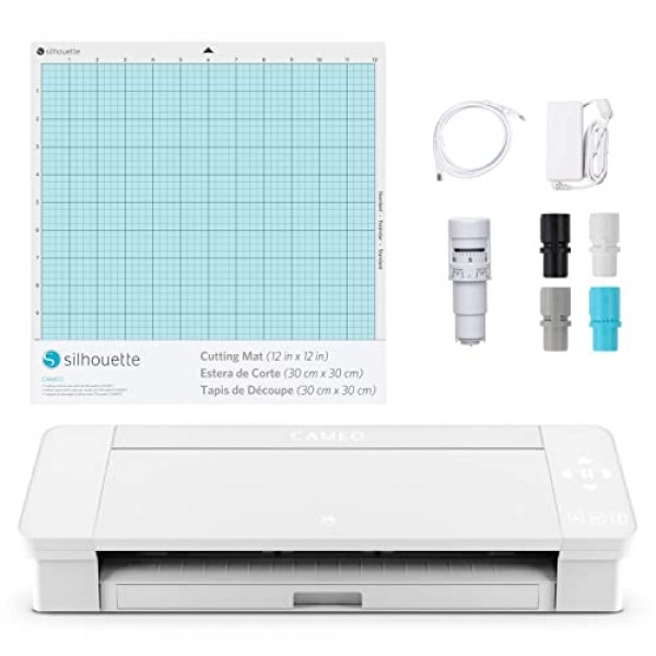 Silhouette Cameo 4 con Bluetooth, tapete de corte de 12x12, Autoblade 2, 100 diseños y software Silhouette Studio - Edición blanca