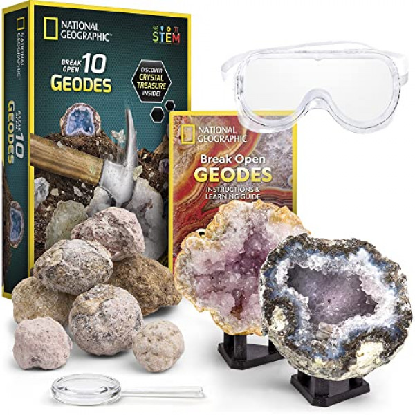 NATIONAL GEOGRAPHIC Break Open 10 geodas premium - Incluye gafas y soportes de exhibición - Gran kit de ciencia STEM, regalo de geología para niños, geodas rocas rompen las tuyas, juguetes para niños y niñas