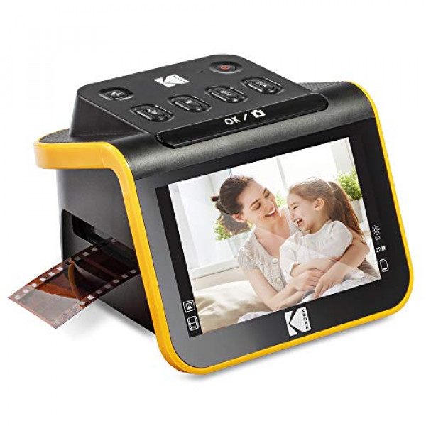 Kodak Escáner de película digital, escáner de películas y diapositivas con pantalla LCD de 5, convierte negativos y diapositivas en color y blanco y negro de 35 mm, 126, 110 películas a fotos digitales JPEG de alta resolución de 22 MP, negro
