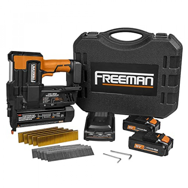 Freeman PE2118G Kit de clavadora/grapadora inalámbrica 2 en 1, calibre 18, 2 pulgadas, 18 voltios, con baterías de iones de litio, cargador, estuche y sujetadores (1000 unidades)