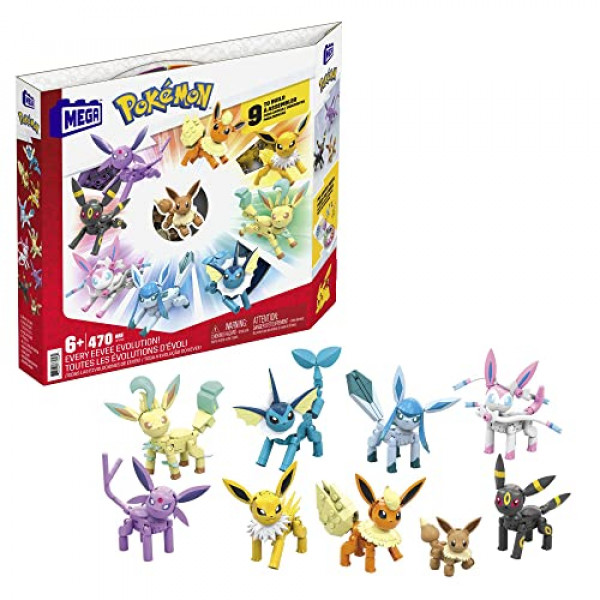 MEGA Pokemon Figura de acción de construcción de juguetes para niños, cada evolución de Eevee con 470 piezas, 9 personajes articulados, idea de regalo