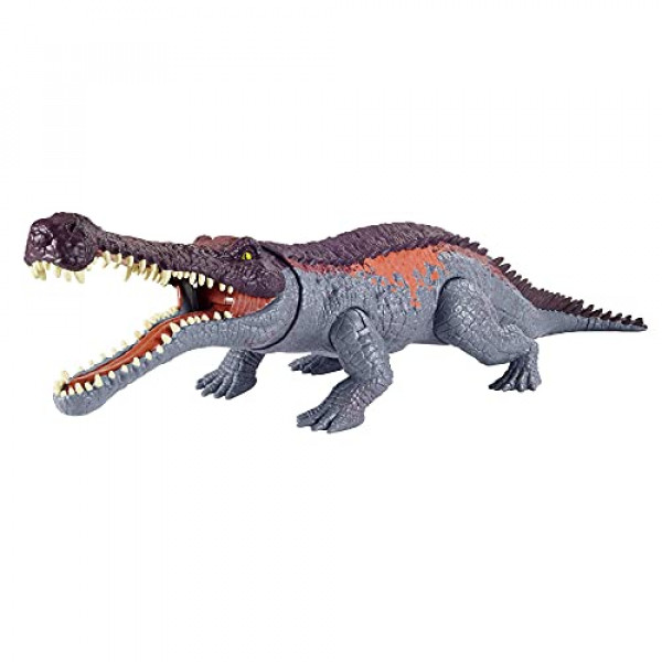 Mattel Jurassic World Massive Biters Sarcosuchus Figura de acción de dinosaurio de especies más grandes, acción de ataque y mordisco activada por la cola