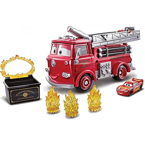 Mattel Disney y Pixar Cars Stunt & Splash Camión de bomberos rojo con auto de juguete Rayo McQueen que cambia de color, manguera de trabajo, tanque de inmersión y más