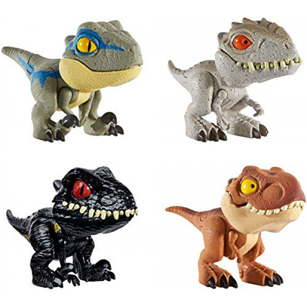 Mattel Jurassic World Dinosaur Snap Squad Coleccionables para exhibición, juego y función Snap On para sujetar a mochilas, paquetes de almuerzo y más