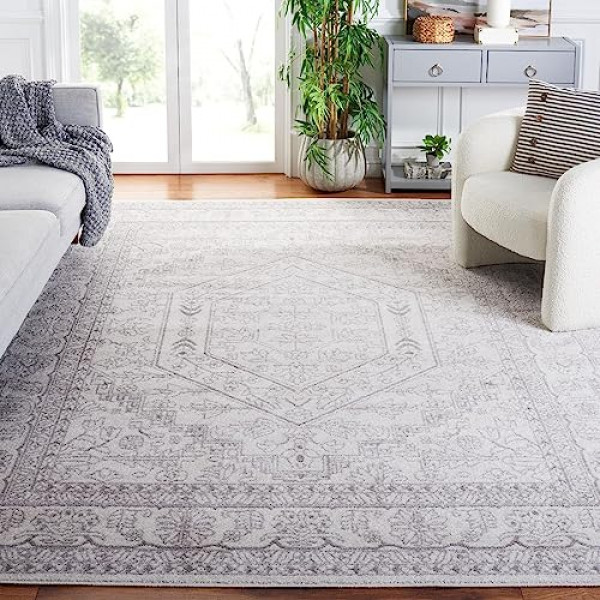 SAFAVIEH Adirondack Collection Alfombra de área – 8' x 10', marfil y plata, diseño de medallón oriental, no se desprende y fácil cuidado, ideal para áreas de alto tráfico en sala de estar, dormitorio (ADR108B)