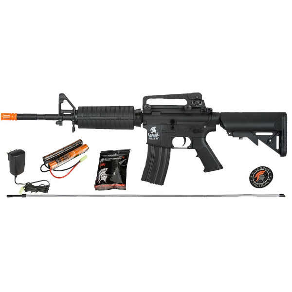 UKARMS Lancer Tactical M4 Crane Stock AEG Metal Gears Airsoft Gun Rifle con batería de 9,6 V y cargador (negro de alta velocidad)