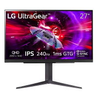 Monitor para juegos LG UltraGear QHD (2560x1440) de 27, 240 Hz, 1 ms, VESA DisplayHDR 400, G-SYNC y AMD FreeSync Premium, HDMI 2.1, DisplayPort, salida HP DTS HP:X de 4 polos, soporte de inclinación/altura/pivote, negro