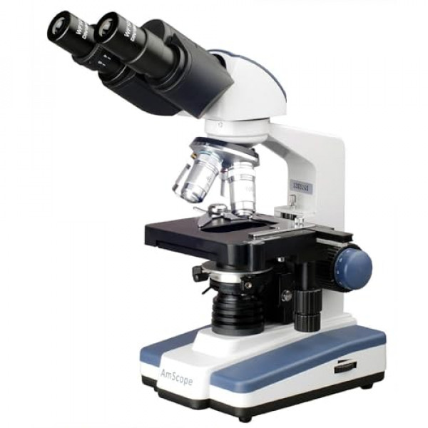 Microscopio compuesto binocular AmScope B120 Siedentopf, aumento 40X-1000X, campo claro, iluminación LED, condensador Abbe, platina mecánica de doble capa