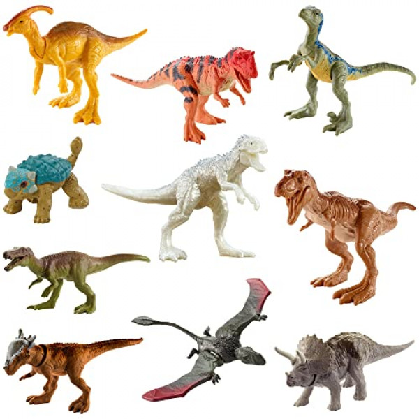 Mattel Jurassic World Camp Cretácico Multipack con 10 mini figuras de acción de dinosaurios, escultura realista y uno o más puntos de articulación móviles icónicos de su especie, a partir de 4 años
