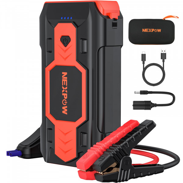 NEXPOW Arrancador de batería 2500A Arrancador de batería para automóvil (hasta motores de gasolina de 8,0 L/motores diésel de 8 L) Paquete de refuerzo de batería de automóvil de 12 V con carga rápida USB 3.0 y 4 modos LED Advertencia roja y azul