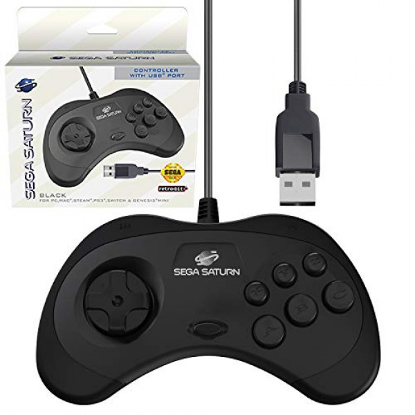 Retro-Bit Oficial Sega Saturn USB Controller Pad (Modelo 2) para Sega Genesis Mini, PS3, PC, Mac, Steam, Switch - Puerto USB (Negro)