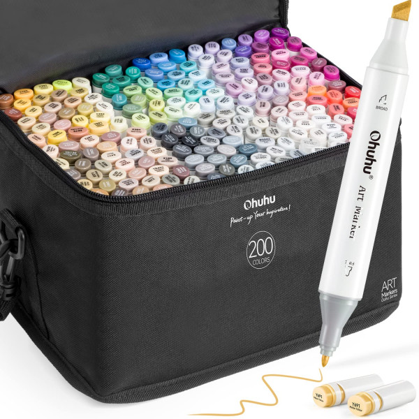 Ohuhu Marcadores de alcohol 200 colores - Juego de marcadores de dibujo artístico de doble punta para artistas adultos colorear ilustración de bocetos - Cincel y punta doble fina - Marcadores Oahu de Ohuhu - Tinta recargable a base de alcohol