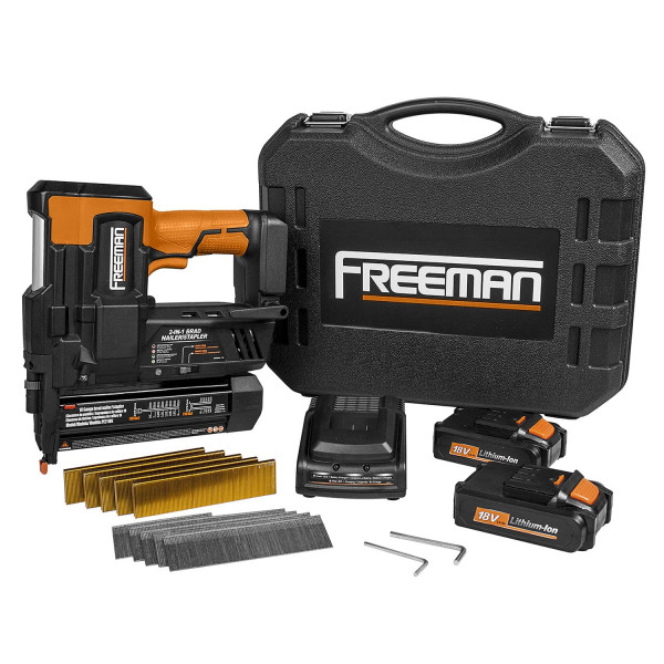 Freeman PE2118G Kit de clavadora/grapadora inalámbrica 2 en 1, calibre 18, 2 pulgadas, 18 voltios, con baterías de iones de litio, cargador, estuche y sujetadores (1000 unidades)