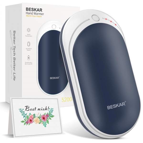 BESKAR Calentador de Manos Recargable, Calentadores de Manos Eléctricos de 5200 mAh con Calefacción de Larga Duración, Carga Rápida y 3 Niveles, Calentador de Manos de Bolsillo Portátil y Banco de Energía para Exteriores, Camping, Golf, Raynauds