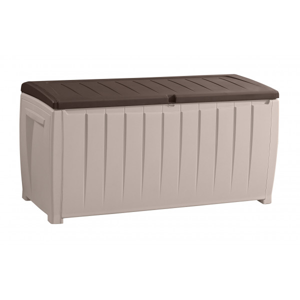 Keter 243397 Panel de resina grande, resistente al agua, resistente a todo tipo de clima, 90 galones, para exteriores, patio, porche, terraza, jardín, piscina, caja de almacenamiento, banco contenedor, marrón y crema