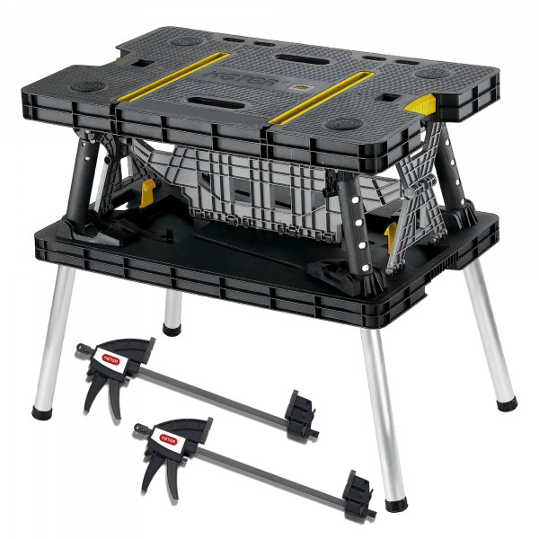 Mesa plegable portátil Keter, soporte para almacenamiento de herramientas, banco de trabajo, caballete con abrazaderas de 12
