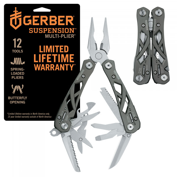 Gerber Gear Suspensión Alicates de punta de aguja 12 en 1 Multiherramienta con bloqueo de herramientas - Alicates múltiples, cortador de alambre, juego de destornilladores de punta cruzada y plana, tijeras pequeñas - Equipo y equipo EDC - Gris