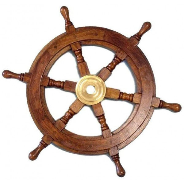 NauticalMart Rueda de barco de 18.0 in, rueda de madera y latón, volante náutico de pirata, adorno para colgar en la pared, decoración para sala de estar y oficina