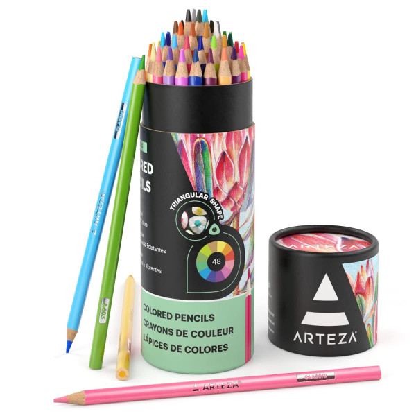Arteza Lápices de colores para colorear adultos, 48 ​​colores, lápices de dibujo suaves, núcleo a base de cera altamente pigmentado, suministros de arte profesional para artistas, juego de lápices para adultos y adolescentes
